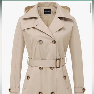 Creatmo Trench Coat Double-Breasted Classic Lapel Belted Outerwear Hooded Rain
